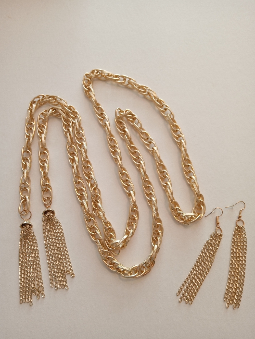 #1227.  2 Piece, Gold Toned Chain Tassel Necklace & Earring Set.